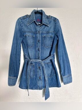 Blue Cult Jean Jacket Collared Belted Button Pockets, Women Large, Classic